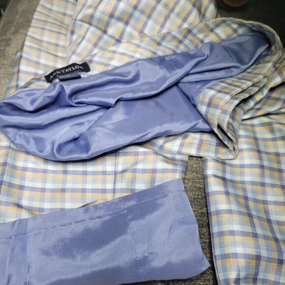 Ann Taylor 100% Silk Dress Pants Sz 10 Blue Gold Plaid Sateen Flat Front Lined - Picture 7 of 9